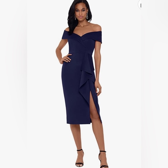New Women’s Off the Shoulder Dark Blue MIDI Dress with Ruffle Size 12 - Picture 1 of 13